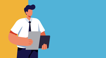 Professional businessman illustration holding documents, ideal for corporate, finance, or marketing concepts. Modern design with copy space for text or graphics.