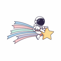Adorable Cartoon Astronaut Riding a Shooting Star with Pastel Ribbons.