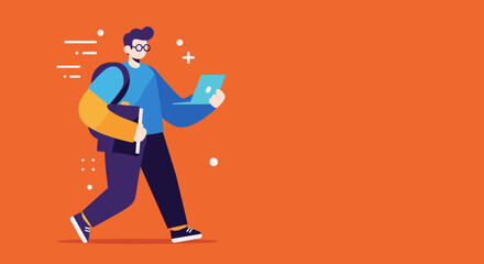 Dynamic illustration of a young person walking with a laptop and backpack. Represents modern education, remote work, digital lifestyle, and career growth.