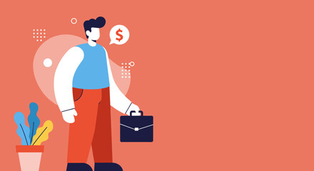 Stylized businessman holding a briefcase with a dollar sign thought bubble, representing financial goals, career ambition, or income. Ideal for business, finance, or corporate themes.