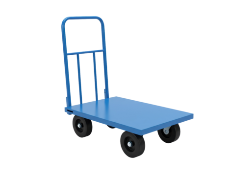 Isolated blue four-wheeled platform cart for transporting heavy goods for warehouse usage