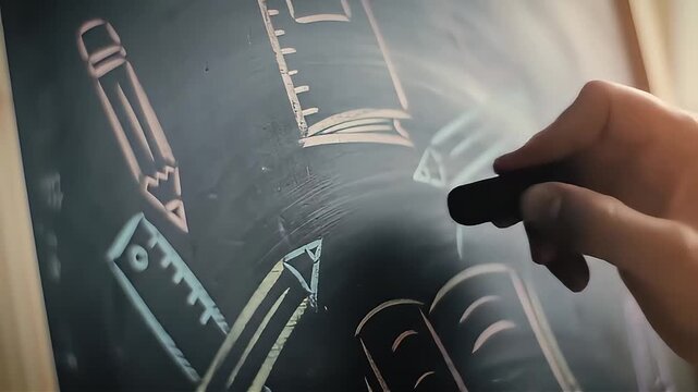 Watch as drawings of school supplies come to life with chalk on a blackboard animation