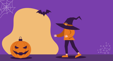 Illustration of a witch walking towards a spooky jack-o'-lantern under a bat and spiderweb, perfect for Halloween celebrations and festive marketing.