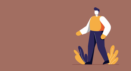 Modern minimalist illustration of a man walking confidently, surrounded by simple plant elements, representing progress and a healthy lifestyle.