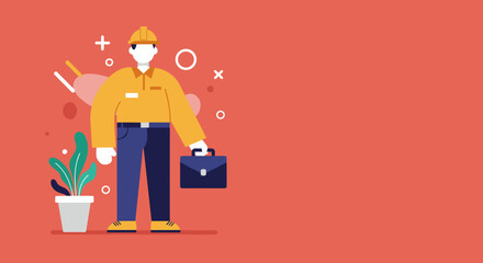 Flat design illustration of a professional engineer or construction worker in a hard hat, holding a briefcase. Ideal for business, industry, and safety concepts.