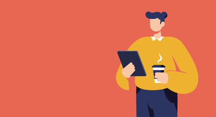 Modern person using a digital tablet and enjoying hot coffee. Ideal for business, technology, education, or lifestyle content with copy space.