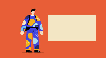 Stylized man in a vibrant, abstract outfit with backpack stands next to a blank copy space. Perfect for modern design, presentations, or adding custom text/images.