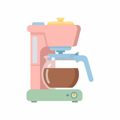 Pastel pink and blue drip coffee maker with a full glass carafe depicted in a charming flat illustration style.