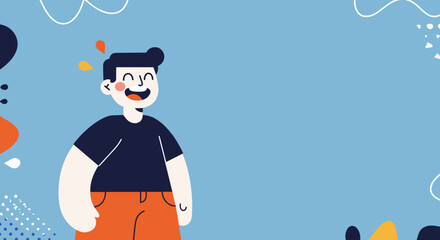 Cheerful cartoon man smiling happily on a vibrant blue background with abstract shapes. Ideal for positive marketing, web design, or illustrating concepts of joy and success.
