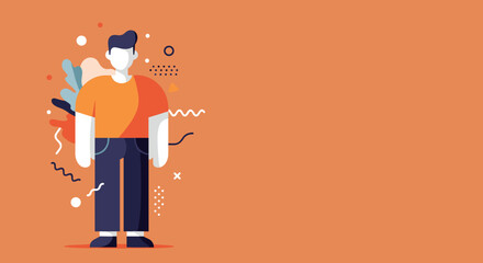 Modern flat design illustration of a young man with abstract elements on an orange background. Ideal for business, lifestyle, and tech concepts with copy space.
