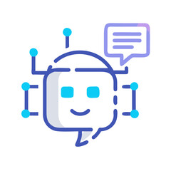 Obraz premium Minimal flat vector icon of a chatbot head with glowing speech bubble, futuristic design, clean geometric lines, isolated on white background, editable vector.