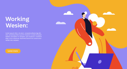 Flat design illustration of a person working on a laptop, embodying remote work, digital business, and productivity. Ideal for web, tech, and modern lifestyle content.