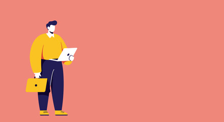 Professional man in modern flat design style holds a laptop and briefcase, representing business, digital work, and technology. Ideal for corporate or remote work concepts.