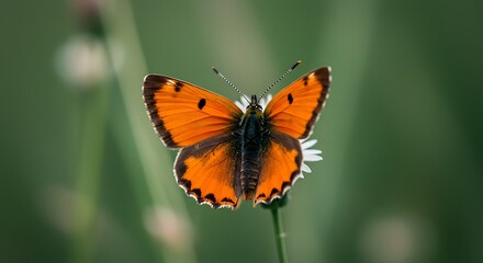 Vibrant orange butterfly resting on a delicate white flower in a lush green natural setting.