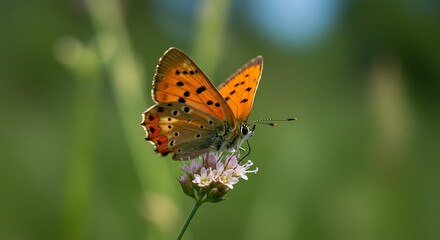 Vibrant orange butterfly resting on a delicate white wildflower in a sunny meadow.