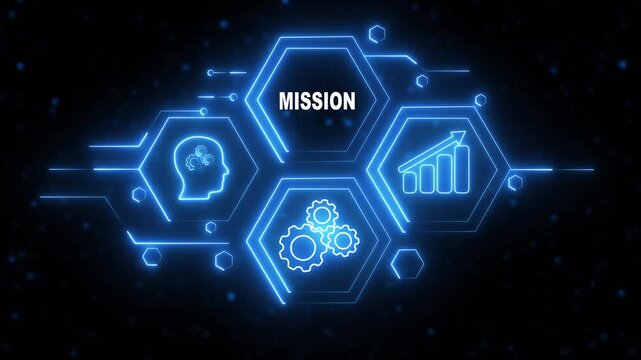 Abstract neon Hud knowledge ability business gear icon Glowing neon line concept. Glowing "MISSION" button in German on a futuristic, abstract wave technology om black background.