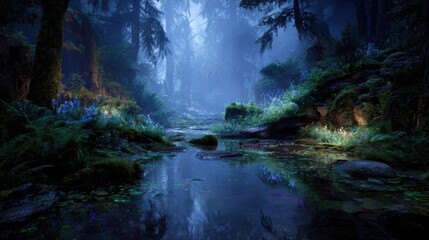 Glowing Forest River at Night