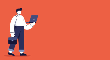 Professional man using a laptop and carrying a briefcase, symbolizing modern business, digital work, and career mobility. Ideal for corporate and technology themes.