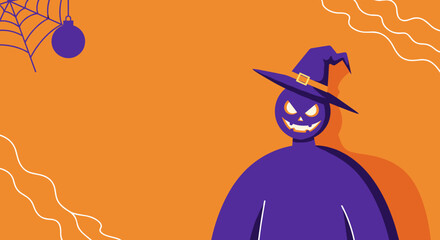 Festive Halloween illustration featuring a spooky purple character with a jack-o'-lantern face and witch hat on an orange background, perfect for holiday promotions and seasonal designs.