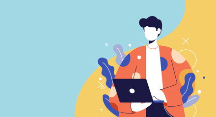 Stylized person using a laptop, representing remote work, online learning, or digital business. Vibrant, abstract background for modern tech and lifestyle concepts.