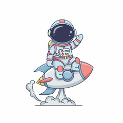 Cute cartoon astronaut in a white spacesuit waving while riding a small launching toy rocket.