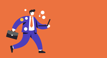 Modern businessman walking, juggling a briefcase and laptop, with thought bubbles. Symbolizes multitasking, busy professional life, digital work, and innovation.