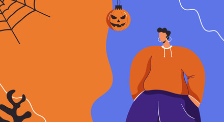 Stylish person celebrating Halloween with a jack-o'-lantern and spiderweb on a vibrant background. Ideal for holiday events, social media, and seasonal promotions.