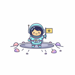 Cute cartoon astronaut in light blue suit smiling holding a yellow flag with a star.