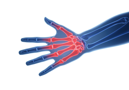Isolated illustration of the bones of the hand, with red carpal bones, metacarpals and blue phalanges