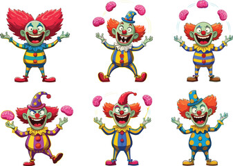 Creepy cartoon clown characters juggling brains, spooky circus clowns, Halloween horror clown set, scary funny creepy clowns, colorful clown illustrations.