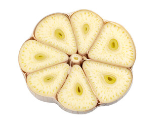 Garlic head sliced to show clove segments and core pattern, clean studio cross-section on isolated background