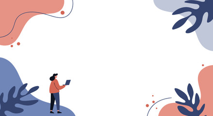 Illustrated person using a laptop with an abstract, natural background. Represents remote work, online learning, creativity, and modern digital lifestyles.