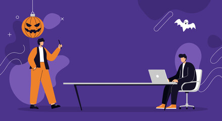 Business professionals in a modern office, celebrating Halloween with festive decorations. Ideal for seasonal corporate content.