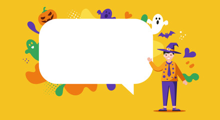 Cheerful character in a witch costume presents a blank speech bubble for Halloween messages, promotions, or event announcements on a festive yellow background.
