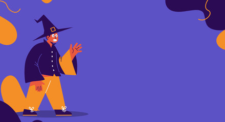 Surprised wizard character in a witch hat gesturing on a vibrant purple background with ample copy space. Ideal for Halloween, fantasy, or marketing.