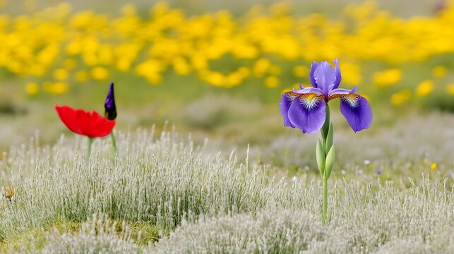 Stunning Purple Iris and Red Poppy in Yellow Wildflower Meadow