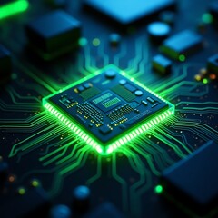 Close-up of a glowing microchip on a circuit board.  High-tech, futuristic, technology concept.  Perfect for electronics, AI, or computing related projects.