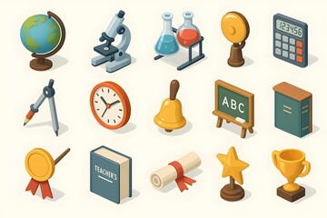 Isometric icons of educational items including a globe, microscope, calculator, and blackboard. Ideal for school, learning, and educational resource themes.