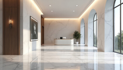 Bright modern office entrance hall with pristine marble floors. Features contemporary art, minimalist reception area, arched windows with natural light. Elegant interior design evokes