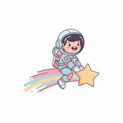 Cute cartoon astronaut flying on a rainbow comet holding a golden star smiling happily.