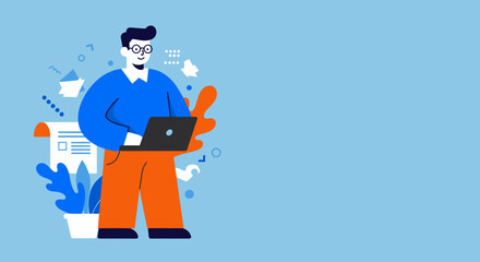 Smiling cartoon man working on a laptop amidst digital elements, symbolizing online productivity, remote work, communication, and modern business solutions.