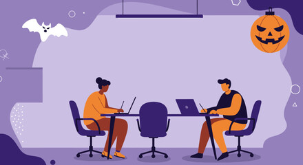 Two colleagues working on laptops in a festive office decorated for Halloween, perfect for business, seasonal campaigns, and holiday productivity concepts.