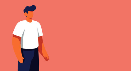 A minimalist flat illustration of a man with blue hair and a white t-shirt standing against a coral background, offering a versatile visual for identity or modern lifestyle concepts.