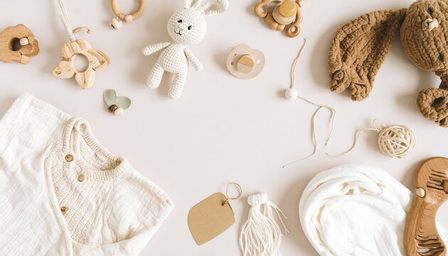 Soothing Neutral Baby Collection: A Flat Lay Frame of Natural Toys and Textiles