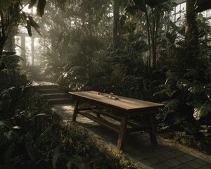 Tranquil Greenhouse Garden Scene With Wooden Table