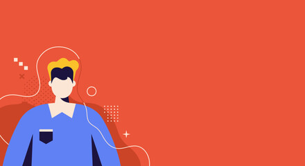 Modern illustration of a confident man with yellow hair and blue shirt on a vibrant red background with abstract shapes, suitable for business, lifestyle, or social media content.