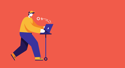 Dynamic illustration of a person working remotely on a laptop, emphasizing mobile connectivity and modern productivity for business and lifestyle.