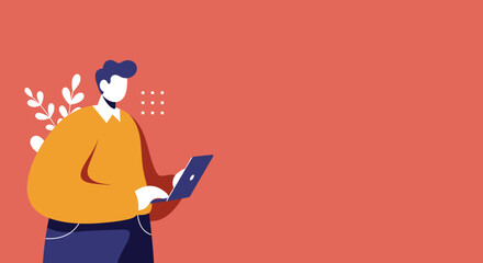 A man works on a laptop, representing remote work, online education, or digital communication. Flat design illustration perfect for technology and business concepts.