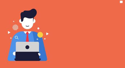 Smiling professional illustration using a laptop, surrounded by abstract shapes on an orange background. Perfect for business, tech, and digital concepts.