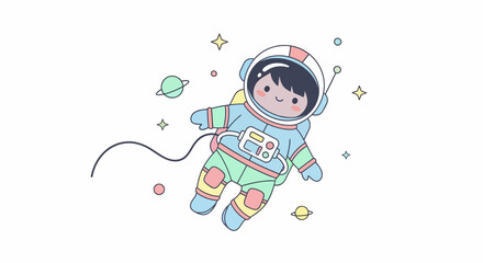 Cute Cartoon Astronaut in Pastel Colors Floating in Space.